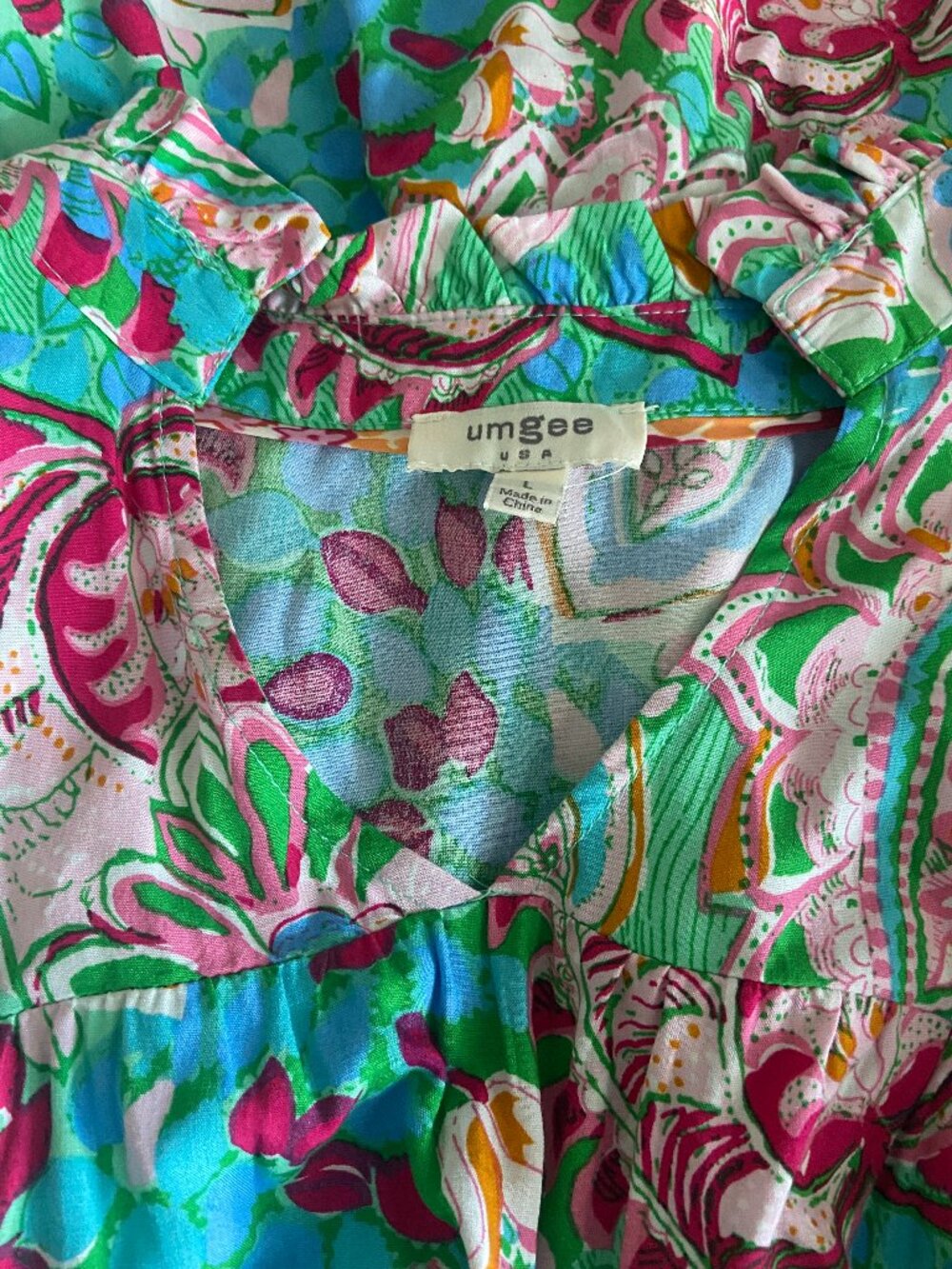 Umgee Pink & Green Paisley Botanical Print Ruffled V-neck Puff Sleeve Top Sz L
